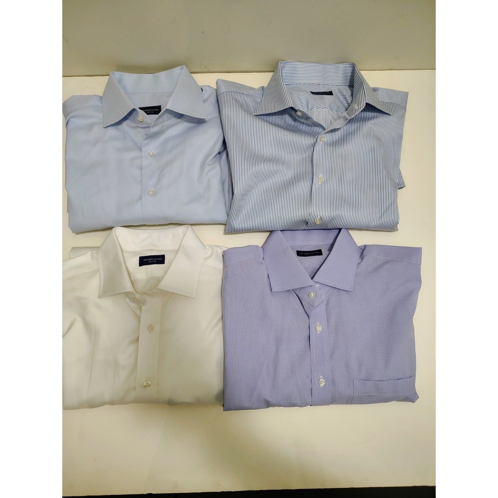 LOT X4 Proper Cloth Dress Shirts Blue White Checks  Stripes Men's
